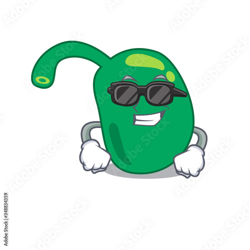 cartoon character of pineal wearing classy black glasses