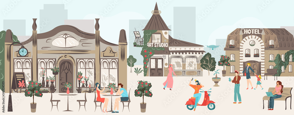 Streets, houses, buildings architecture of town with people rest in urban cafe, walk together, city scenes flat vector illustration. Old towns sights and landmarks, streets full of tourists.