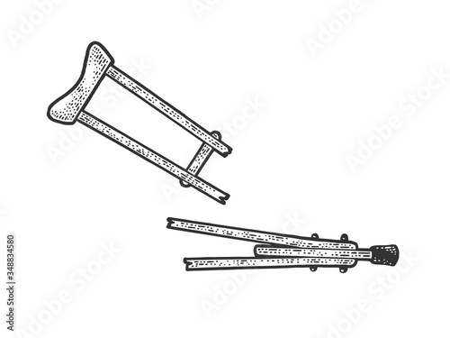 broken crutch sketch engraving vector illustration. T-shirt apparel print design. Scratch board imitation. Black and white hand drawn image.
