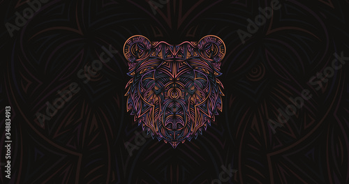 The head of the Bear. Authentic style illustration, made in vector. Sharp-lined art. Strong Grizzly looking fiercely. 