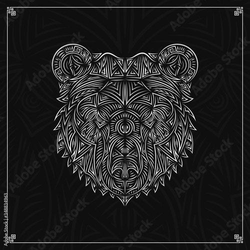 The head of the Bear black and white geometric shapes. Authentic style illustration, made in vector. Sharp-lined art. Strong Grizzly looking fiercely. 