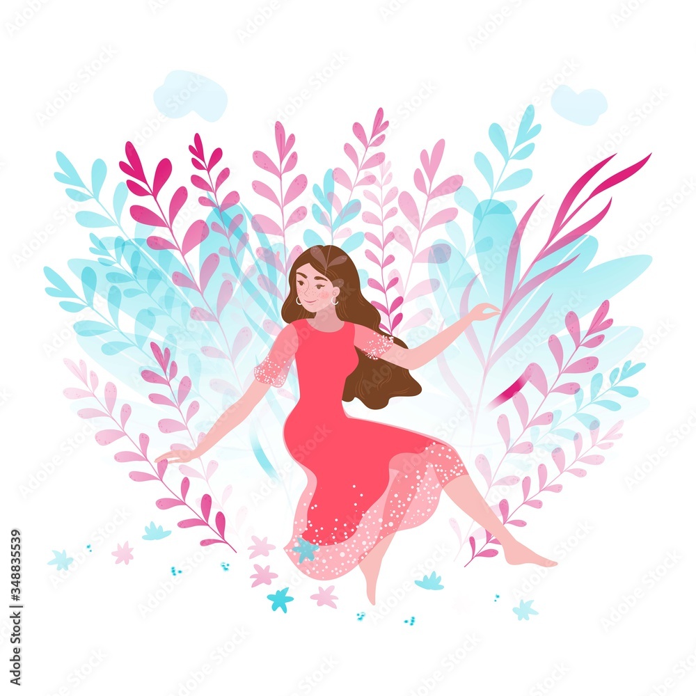 Girl and plants, organic herbs for natural cosmetics and homeopathy flat vector illustration isolated on white background. Flowers and leaves with female character for natural products. Girl and plants, organic herbs for natural cosmetics and homeopathy flat vector illustration isolated on white background. Flowers and leaves with female character for natural products.