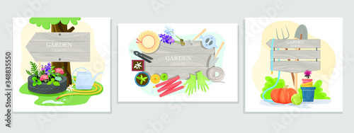 Garden design signs. Gardening equipment. Empty wooden sign for the inscription. Design of the garden vector concept with garden tools, flowers and signs.