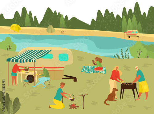 Family bbq picnic on summer vacation, barbecue with grandparents, father, mother and children in nature travelling flat vector illustration. Grandfather and grandmother cooking on family picnic.