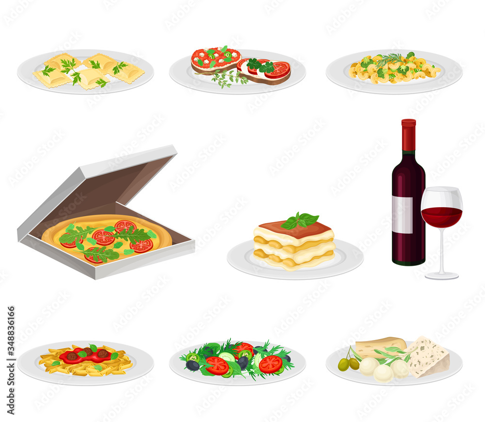 Italian Dishes with Pasta and Pizza Served on Plates Side View Vector Set