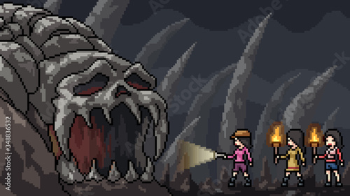 vector pixel art scene skull cave