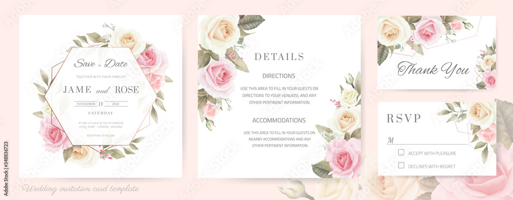 Wedding invitation card. Bouquet of white roses, pink painted with watercolor. Rose Metallic frame.Template card set.