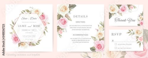 Wedding invitation card. Bouquet of white roses, pink painted with watercolor. Rose Metallic frame.Template card set.