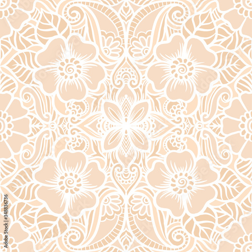 Eastern ethnic motif  traditional indian white henna ornament. Seamless pattern  background in beige colors. Vector illustration.