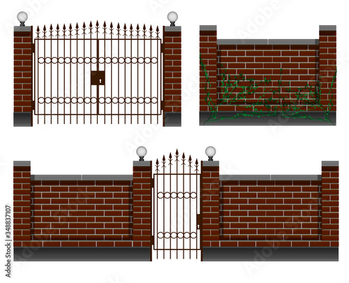 Fencing, entrance with a brick fence, wrought iron gates and a gate. Design for the yard and cottage private houses.
