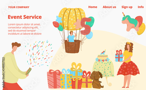 Kids birthday event agency offers web site template flat vector illustration. Special dates, family holidays and children birth day celebration organization services. Creative birthday party webpage.