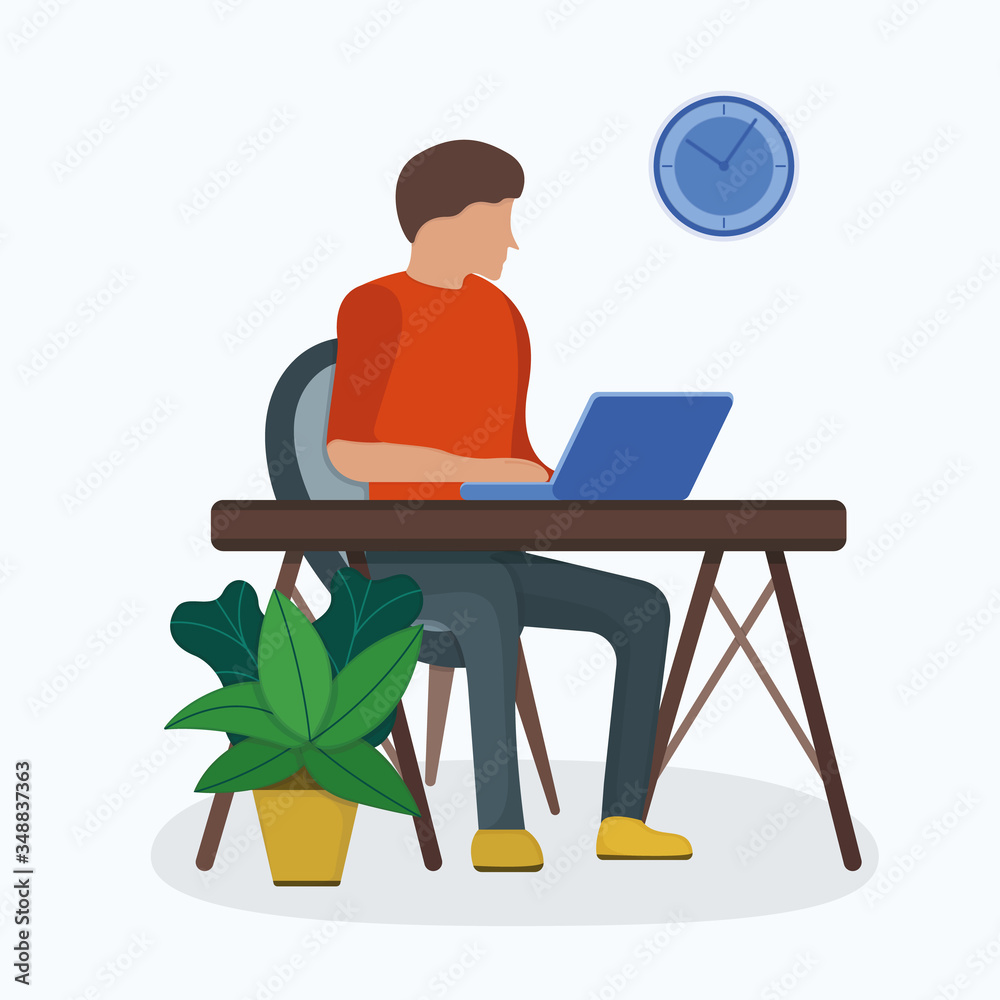 Man character sitting workplace table, male make job laptop computer freelance isolated on white, flat vector illustration. Cartoon design concept. Man character sitting workplace table, male make job laptop computer freelance isolated on white, flat vector illustration. Cartoon design concept.