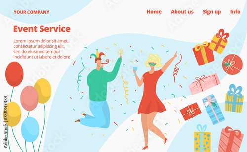 Kids birthday party event service with clowns and fireworks, gift boxes and baloons flat icons isolated vector illustration for website template. Holidays and childrens events organization web site.