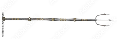 metallic long trident on an isolated white background. 3d illustration photo