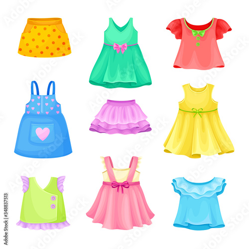 Bright Seasonal Clothes for Girls with Sleeveless Dress and Flared Skirt Vector Set
