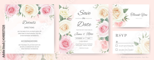 Wedding invitation card. Bouquet of white roses, pink, watercolor painted. Template thank you card, RSVP card and save the date card.