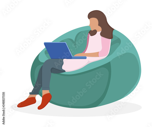 Woman character sitting soft bag chair, female use laptop and study isolated on white, flat vector illustration. Cartoon design concept. © apvaper