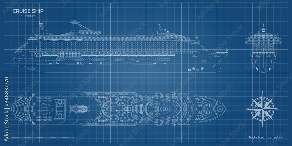Outline blueprint of cruise ship. Side, top and front views. Contour liner.  Detailed drawing of modern marine vessel. Sea travel transpotation. Boat  document Stock Vector | Adobe Stock
