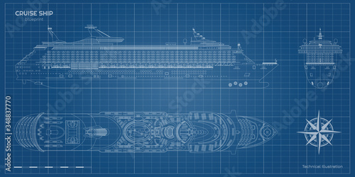 Outline blueprint of cruise ship. Side, top and front views. Contour liner. Detailed drawing of modern marine vessel. Sea travel transpotation. Boat document