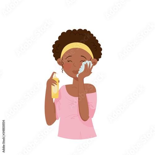 Young Girl with Headband Washing Face with Cosmetic Lotion or Facial Wash Vector Illustration