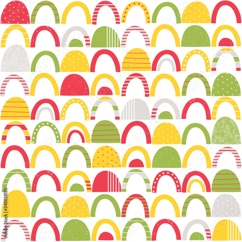 Colorful red, green, yellow and grey abstract shapes with stripes, dots and distressed patterns on white background