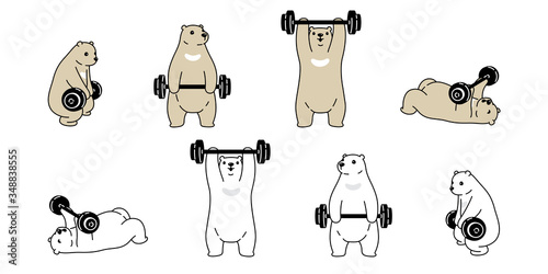 Bear vector polar bear training fitness dumbbell icon logo teddy cartoon character symbol illustration doodle white brown design
