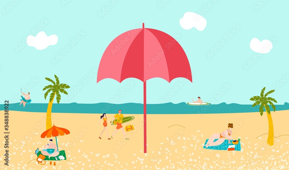 Hot tour vacation sea beach, tropical palms and sand, woman sunbathes on seaside, people swim in ocean and couple of tourists with boards flat vector illustration. Tourism beach composition.