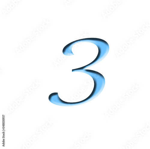 Blue number 3 represents isolated textured letters on white background. Illustration