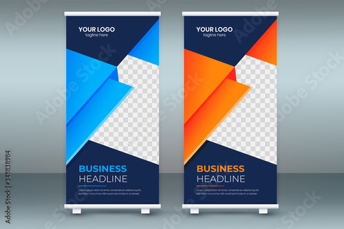 Business standee x-banner template design, advertising, banner poster brochure cover presentation, exhibition roll up banner vector blue red orange layout, flat creative flag-banner concept