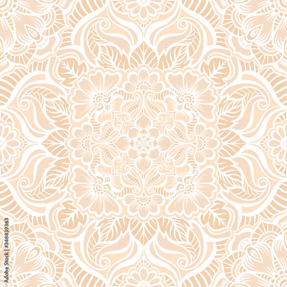 Fototapeta Eastern ethnic motif, traditional indian white henna ornament. Seamless pattern, background in beige colors. Vector illustration.