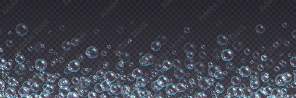 Flying soap bubbles background. Abstract floating shampoo, bath lather isolated on a transparent backdrop. Realistic suds vector illustration.
