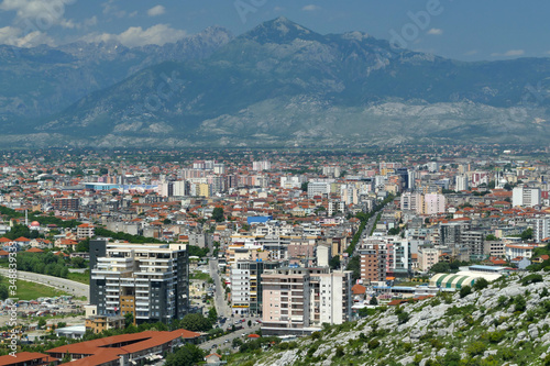 Aerial panoramic view of principal city Shkoder between mountains, Albania