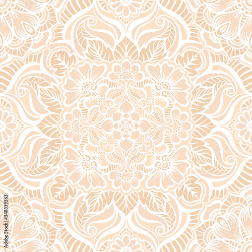 Eastern ethnic motif, traditional indian white henna ornament. Seamless pattern, background in beige colors. Vector illustration.