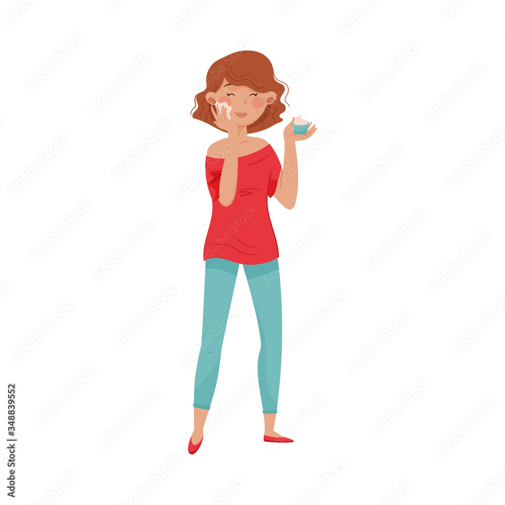 Short Haired Female Applying Cosmetic Cream on Her Face Vector Illustration Short Haired Female Applying Cosmetic Cream on Her Face Vector Illustration