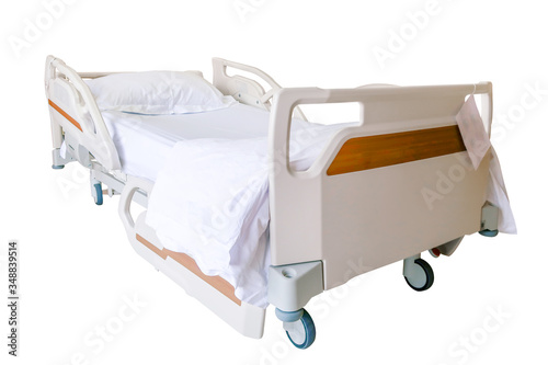 Automatic patient  bed empty, equipment in the hospital with clipping path isolated on white background photo