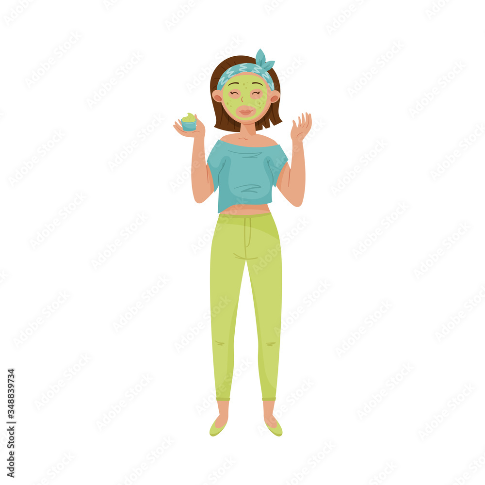 Short Haired Female Applying Cosmetic Mask on Her Face Vector Illustration Short Haired Female Applying Cosmetic Mask on Her Face Vector Illustration