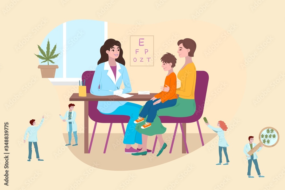 Kids doctor concept, little patient with mother at medical consultation, tiny people medics cartoon vector illustration. Doctor for children treatment or diagnosis healthcare medicine.