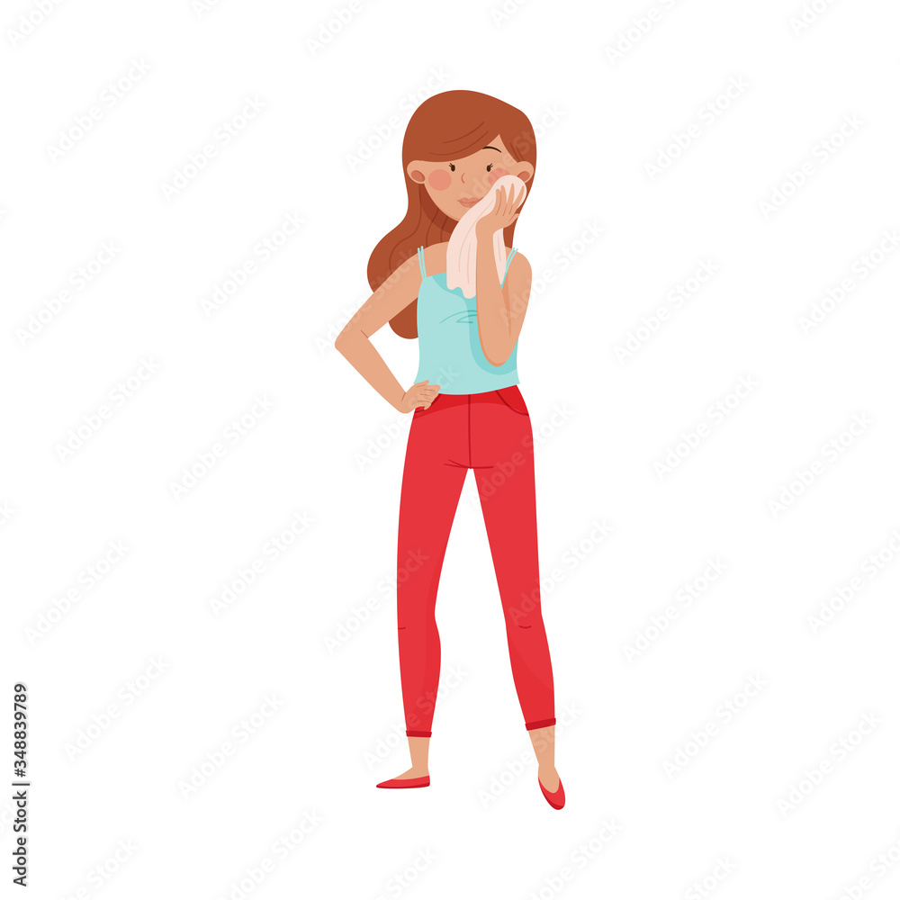 Female Standing and Wiping Her Face with Soft Cotton Towel Vector Illustration Female Standing and Wiping Her Face with Soft Cotton Towel Vector Illustration
