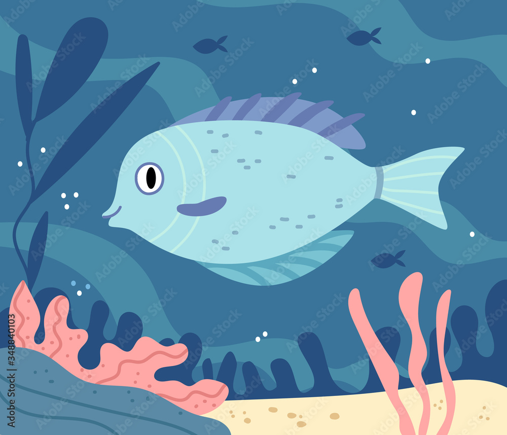 Big light blue fish.Underwater world with wild sea animals in the ocean. Aquarium.Illustration for children's book. Cute Poster . Big light blue fish.Underwater world with wild sea animals in the ocean. Aquarium.Illustration for children's book. Cute Poster .