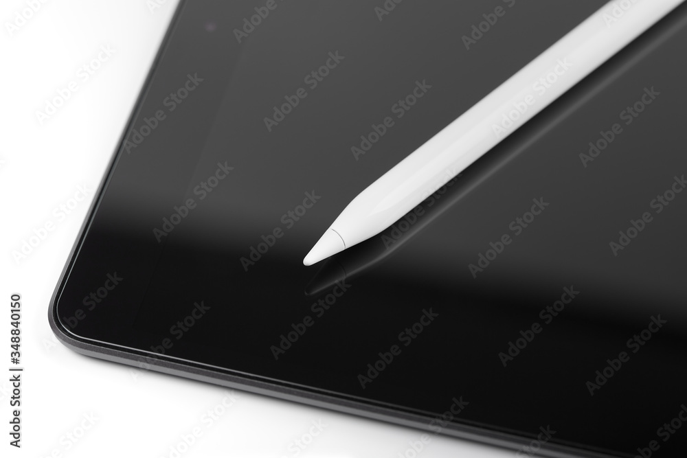 Modern device the tablet with white stylus on isolated light background. Black tablet computer with blank screen, isolated on white background. Technology Concept. Modern device the tablet with white stylus on isolated light background. Black tablet computer with blank screen, isolated on white background. Technology Concept.