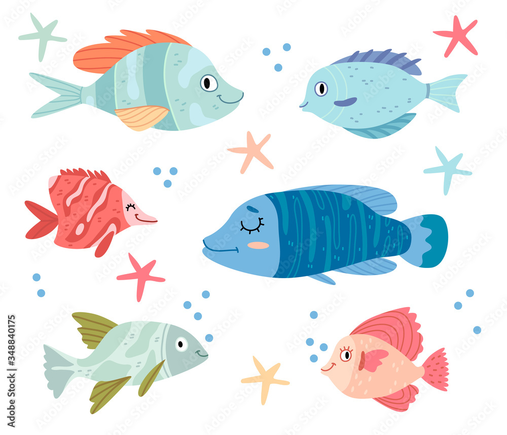 Fototapeta premium Set of colorful fish.Underwater world with wild sea animals in the ocean. Aquarium.Illustration for children's book. Cute Poster .