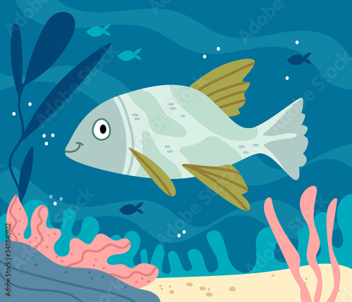 Big green fish.Underwater world with wild sea animals in the ocean. Aquarium.Illustration for children's book. Cute Poster .