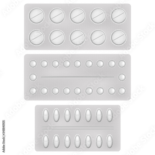 Collection of supplemented pills. Medecine painkillers, antibiotics, vitamins and aspirin tablets. Set of white blisters realistic icons with pills and capsules.
