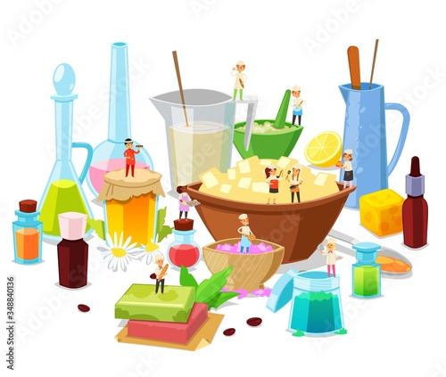 Cooking tiny people in chef uniform and cap in kitchen with healthy food, restaurant concept isolated on white cartoon vector illustration. Teamwork, tiny characters cooking in huge bowl. Recipe.