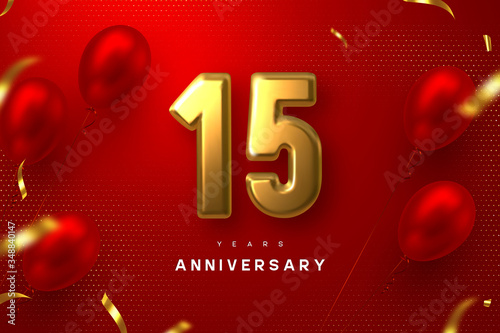 15 years anniversary celebration banner. 3d golden metallic number 15 and glossy balloons with confetti on red spotted background. Vector realistic template.