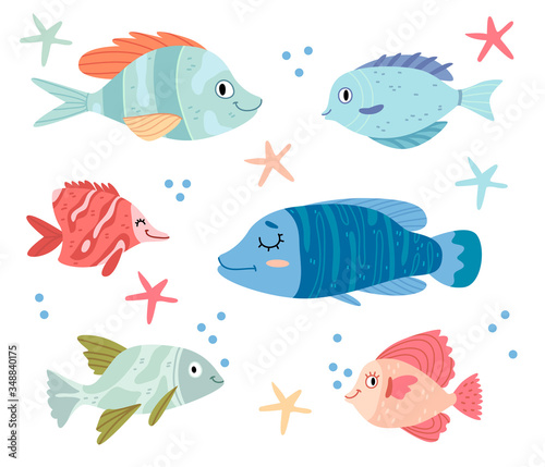 Set of colorful fish.Underwater world with wild sea animals in the ocean. Aquarium.Illustration for children's book. Cute Poster .
