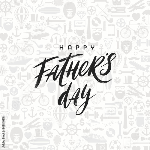 Happy fathers day greeting card with brush calligraphy, Lettering on a pattern background. Vector illustration.