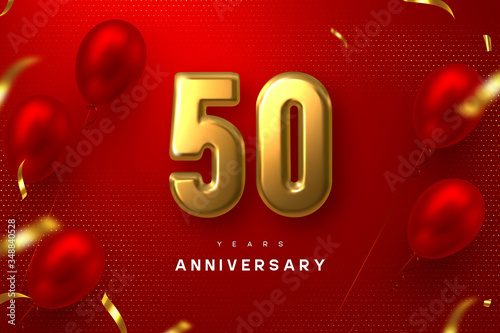 50 years anniversary celebration banner. 3d golden metallic number 50 and glossy balloons with confetti on red spotted background. Vector realistic template.