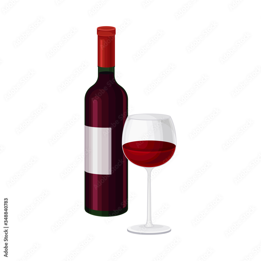 Bottle of Red Italian Wine with Full Glass Standing Nearby Vector Illustration Bottle of Red Italian Wine with Full Glass Standing Nearby Vector Illustration