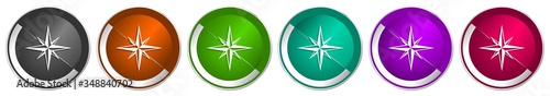 Compass icon set, silver metallic chrome border vector web buttons in 6 colors options for webdesign